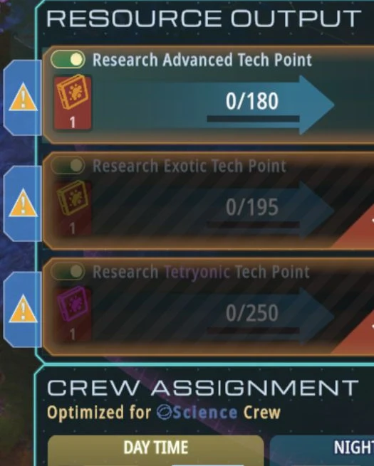 Advanced Laboratory resource output panel with Research Advanced Tech Point enabled and Science Crew assignment below.